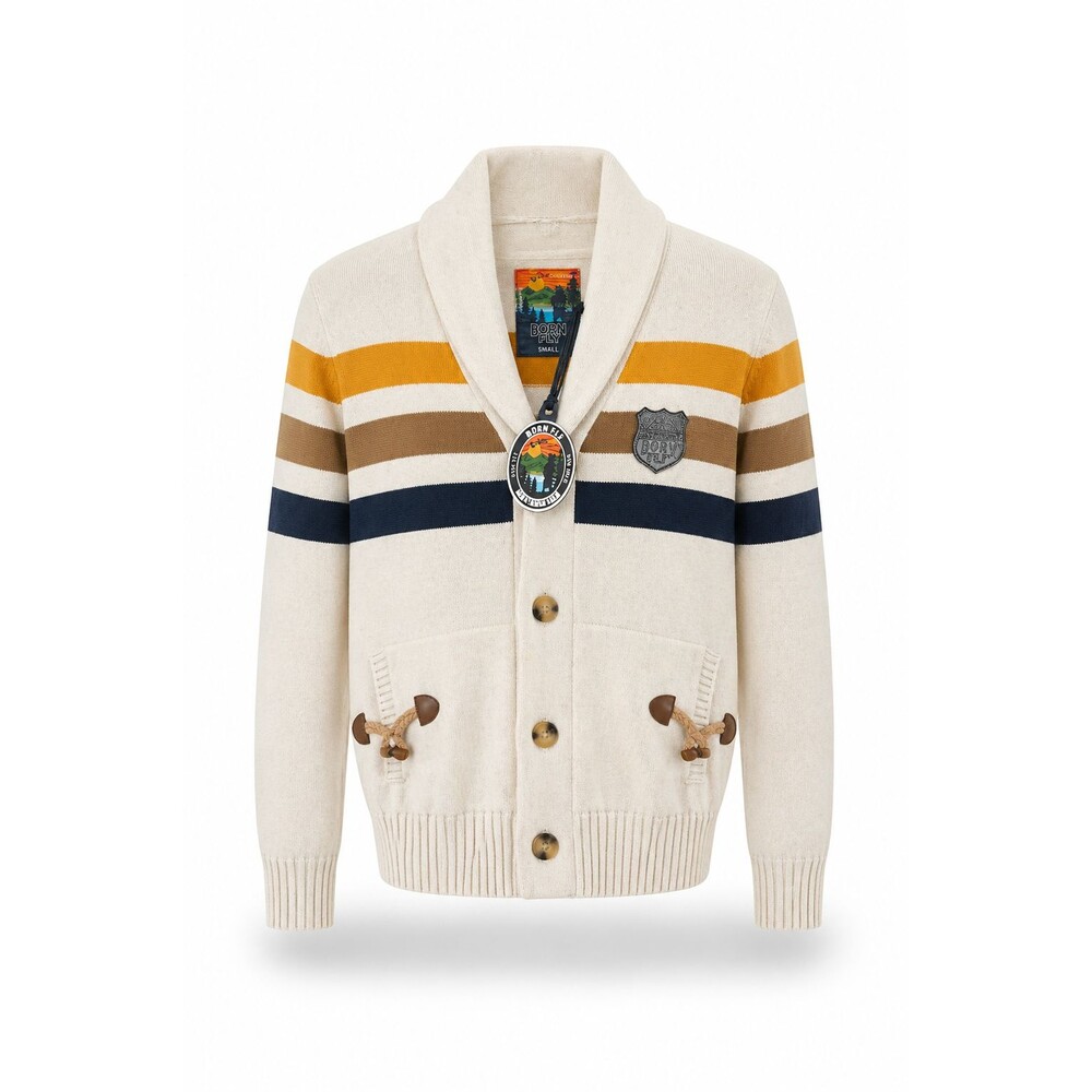 Born Fly Cardigan Sweater Shawl Collar Button Front Mens Small Cotton Elbows NWT